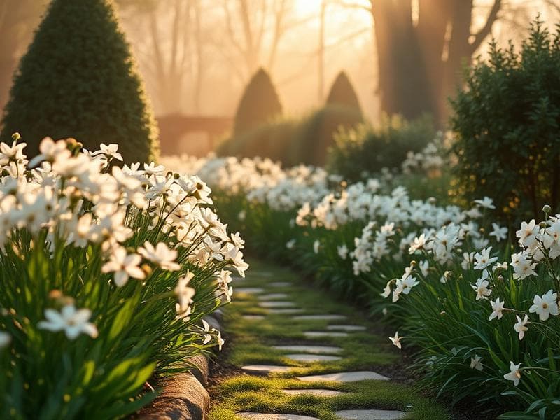 Rustgevende tuin met witte bloemen